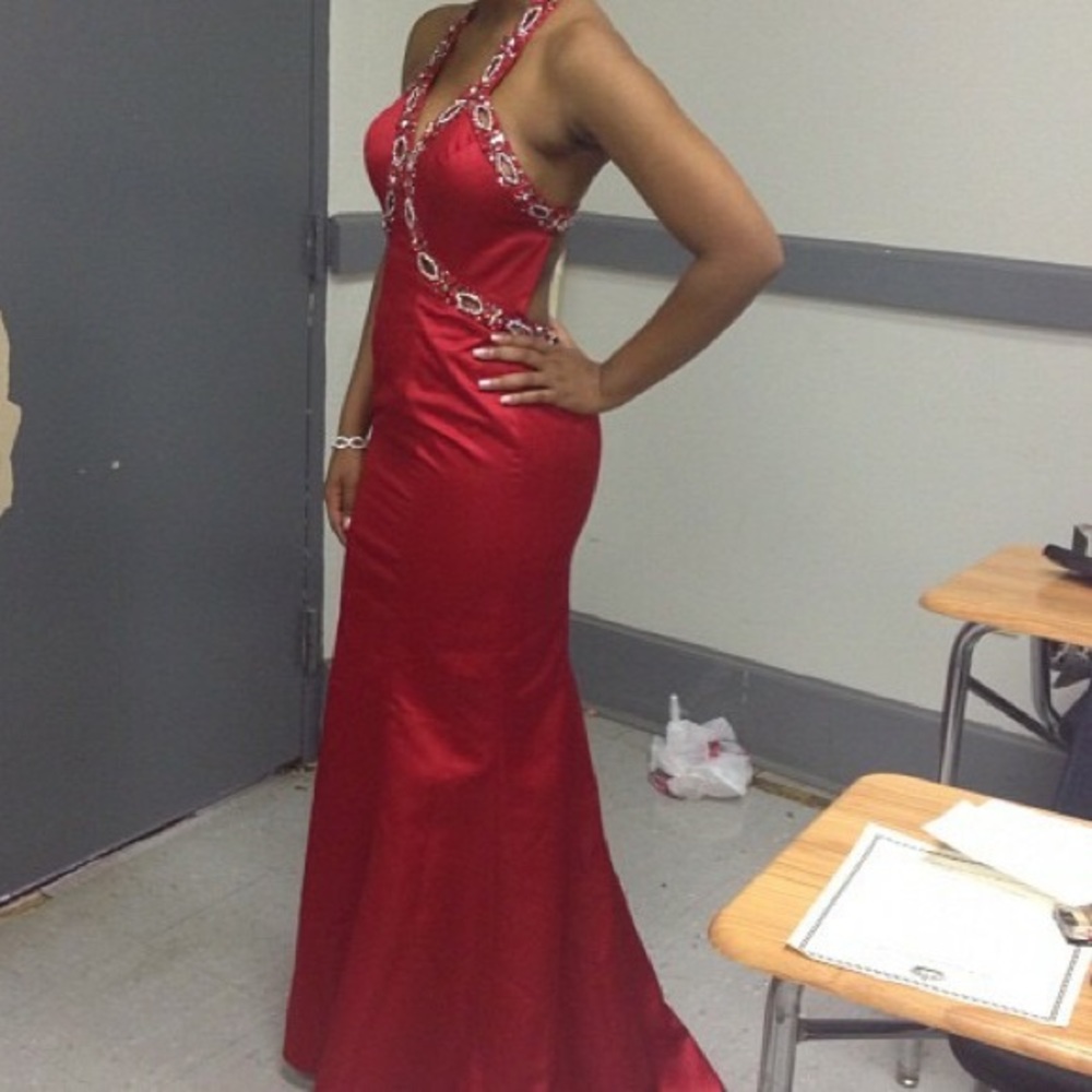Red halter top prom dress.